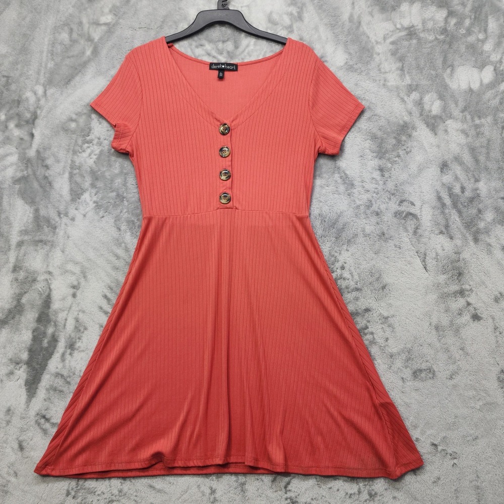 Derek Heart Dress Womens L‎ Orange Button Front A-Line Short Sleeve Ribbed Knit